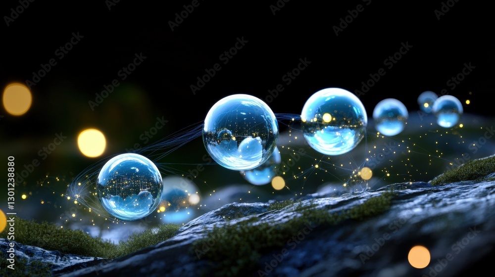 Poster bubbles floating in a magical forest setting nature 3d concept art enchanted environment close-up vi