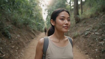 Naklejka premium Southeast Asian Woman Hiker on Steep Dirt Trail, Soft Light Highlighting Determination and Empowerment