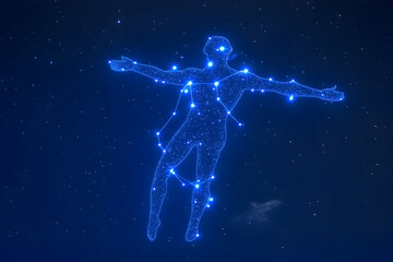 Bright constellation representation of a human figure soaring among stars in a clear night sky