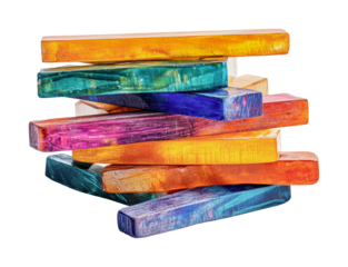 Colorful wooden blocks stacked creatively for educational play and artistic expression in a bright learning environment, cut out