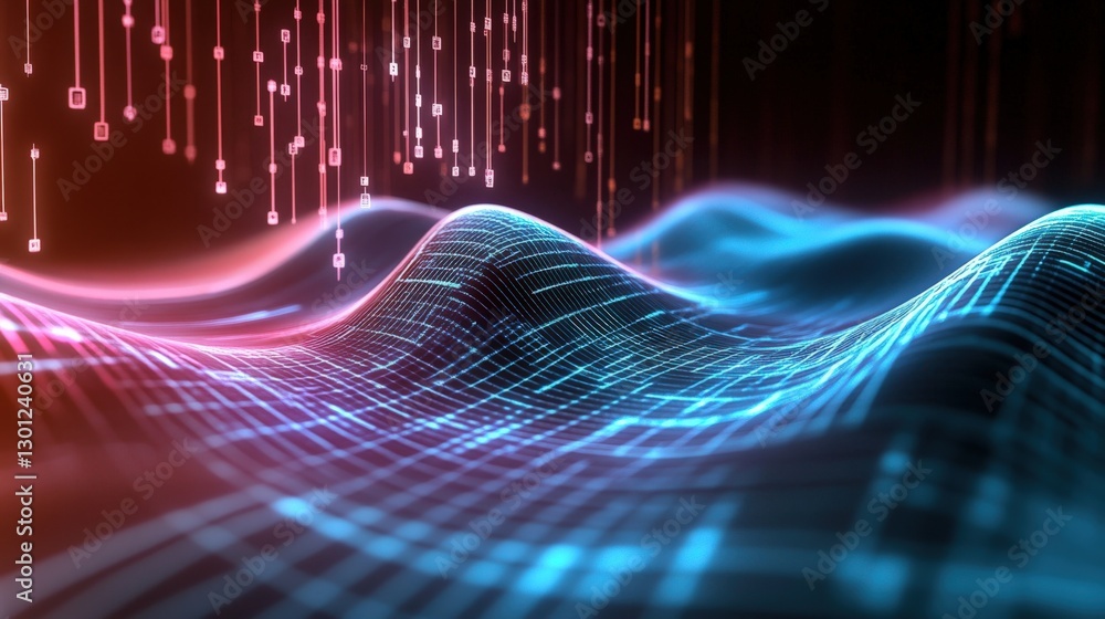 Poster dynamic data visualization waves virtual environment digital art abstract design futuristic concept