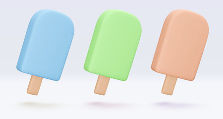 Ice cream, blue, green, orange icon, 3d render set. Design elements. Realistic fast food icon. Sweet food. Vector illustration isolated on white for menu, shop, flyer, banner, web, advertising, sale