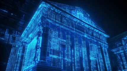 A traditional bank building morphing into a digital skyscraper made entirely of glowing blue financial code 