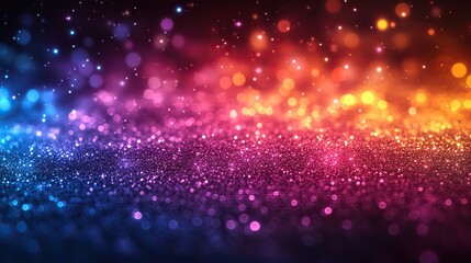 Abstract neon rainbow glitter particles flow underwater, creating a shimmering party background with shallow depth of field.