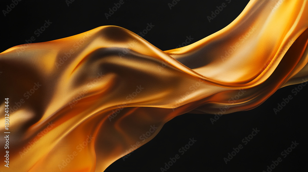 Poster close-up of golden satin fabric flowing elegantly, showcasing its smooth texture and luxurious sheen