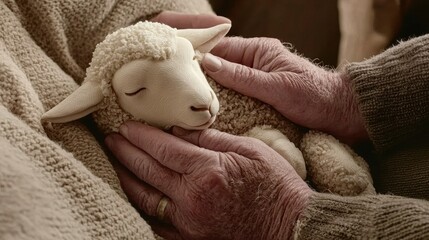 A close-up of a person's hands gently holding a white lamb.