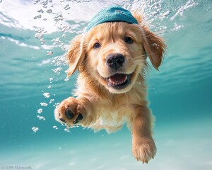 A playful puppy splashes joyfully in the clear blue water, wearing a colorful sun hat tilted slightly to one side, its fur glistening in the sunlight as it paddles happily.