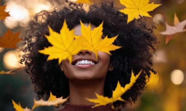 Autumn Joy: A Woman Smiles Amidst Falling Leaves