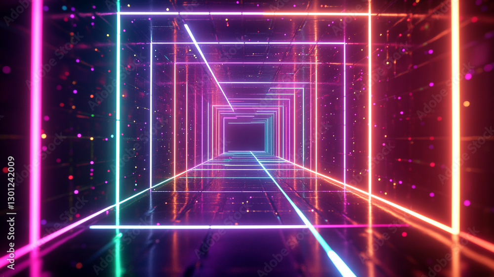 Aufkleber vibrant neon tunnel with colorful glowing lights and reflections, creating a futuristic digital envi