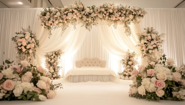Elegant wedding ceremony backdrop with floral arrangements and a white couch.