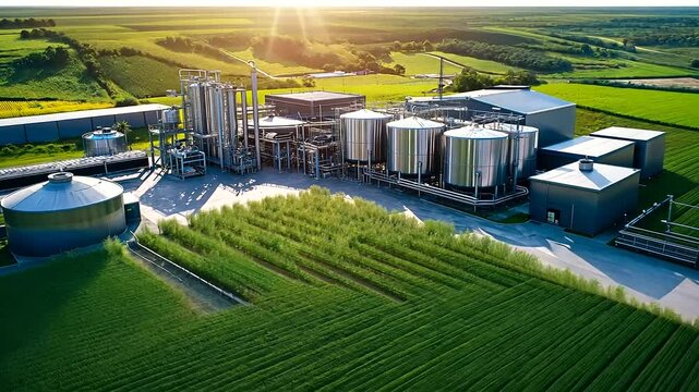 Aerial view of a state-of-the-art dairy processing plant, highlighting towering milk storage tanks, conveyor systems, and quality control zones.