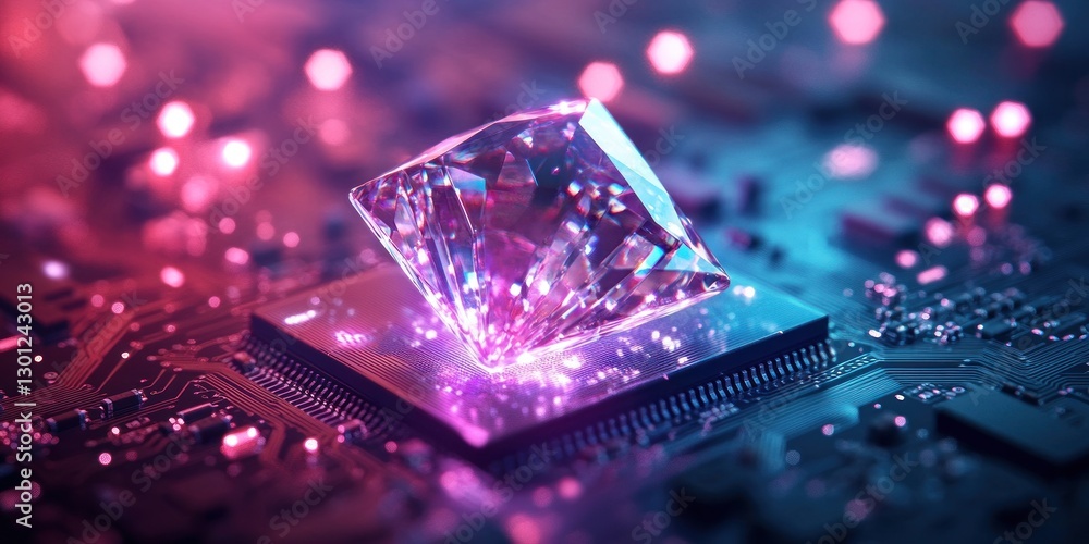 Poster glowing diamond on a microchip circuit board.