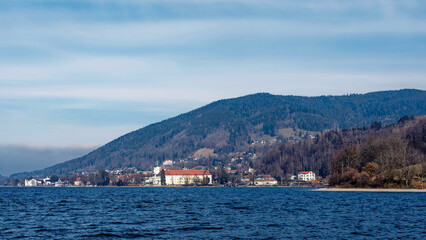 Beautiful view on eastern shore of Lake Tegernsee in Upper Bavaria with Schloss Tegernsee anf the...
