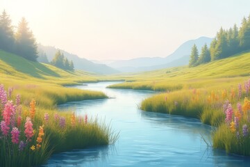 Obraz premium Serene Mountain Meadow River Landscape with Colorful Flowers