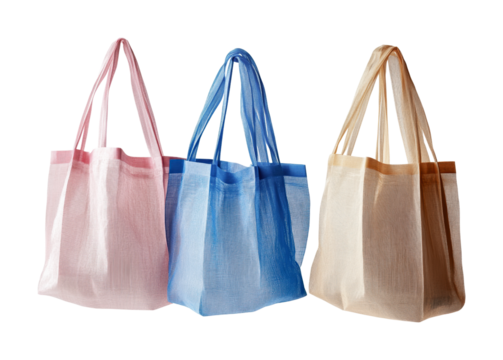Colorful reusable bags ideal for shopping, groceries, and daily use in sustainable lifestyle practices, cut out