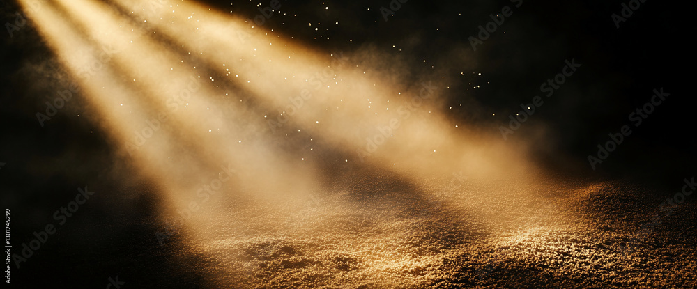 Poster Golden beams of light shine through mist, creating an atmospheric, magical scene with particles of dust floating in the air, symbolizing hope, warmth, and tranquility.