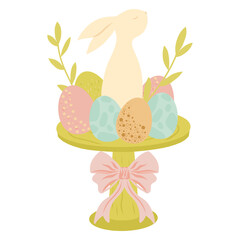 Easter bunny on a cake stand and easter eggs