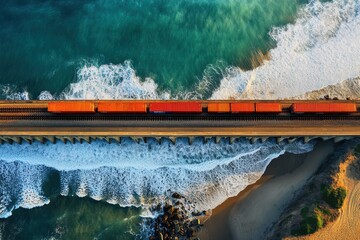 Aerial View of a High-Speed Logistic Train Moving Along a Coastal Rail Line with Ocean Waves Crashing in a Vibrant Seascape