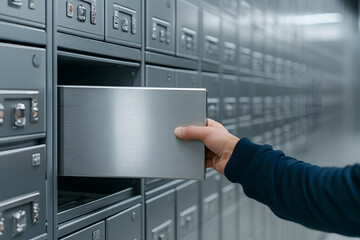 A hand pulls open a silver security box in a gray storage wall with combination locks. Close up of an open metal bank safe deposit box, secure storage.