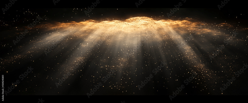Poster Golden dust particles illuminated by soft beams of light create a mystical atmosphere, symbolizing purity, divine presence, or cosmic energy in a darkened environment.