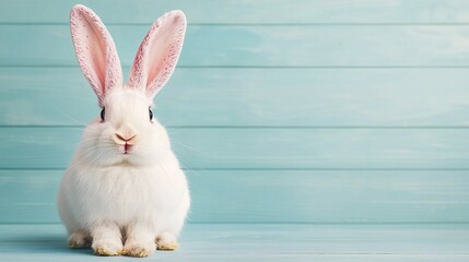 Fototapeta premium Easter Holiday, Easter Concept, Adorable White Bunny Rabbit Sitting on Light Blue Wooden Background Easter Pet