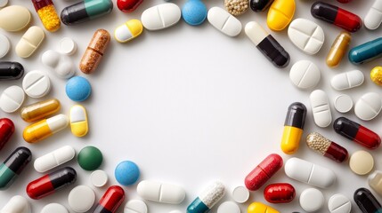Colorful pills and capsules arranged meticulously in a circular pattern create a striking visual effect on a clean white surface, showcasing the variety and vibrancy of these medications