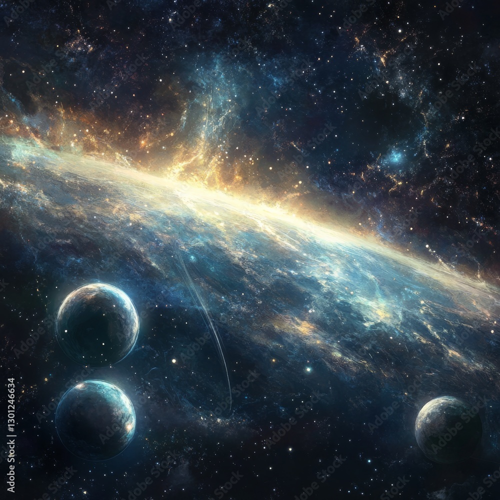 Poster planetary system in the deep cosmos: a breathtaking view of nebulae and distant worlds in a cosmic d