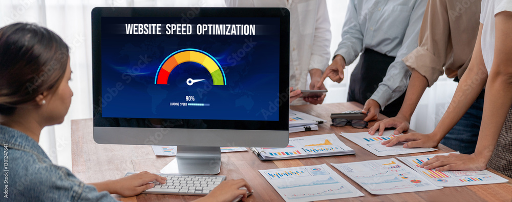 Aufkleber Computer software evaluating website loading speed. Concept of improving website loading speed brisk.