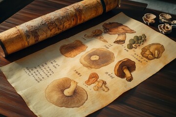 Ancient Chinese Scroll Illustrating Medicinal Mushrooms Including Reishi and Cordyceps, Highlighting Historical Herbal Practices and Their Uses