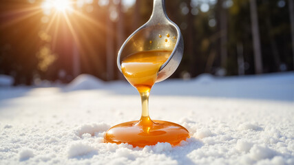 Maple taffy on snow with golden syrup pour for winter festivals, Canadian cuisine blogs, dessert photography, seasonal food content, and educational materials about traditional treats