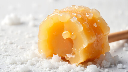 Maple taffy candy on snow - traditional Canadian sweet treat for food blogs, winter festival content, culinary tourism websites, and seasonal dessert photography