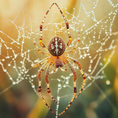 Obraz premium a macro photograph of a spider sitting in the center of its web, decorated with drops of dew. 