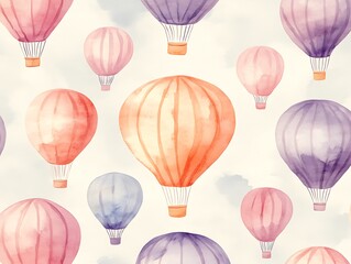 Balloons floating watercolor sky background