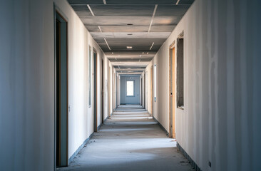 Wide hallway stretches into the distance, featuring open doors and fresh plasterwork under bright overhead lights in a contemporary office space