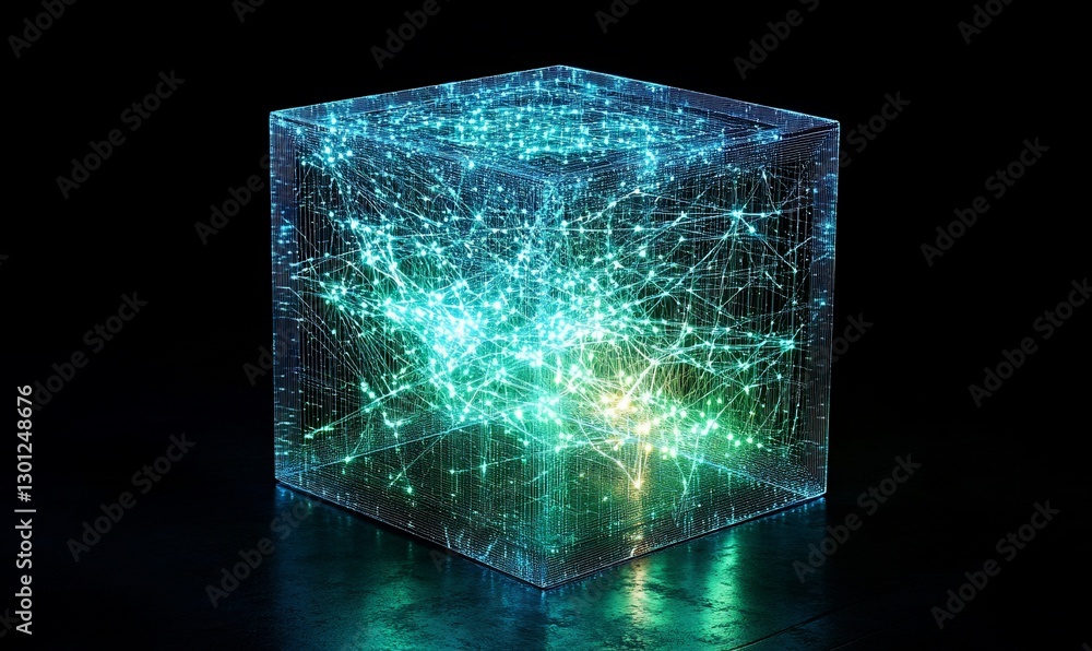 Poster glowing cube network data visualization