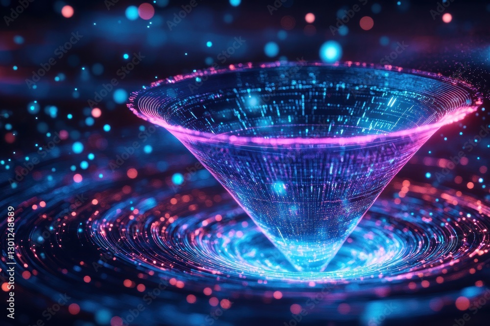Poster glowing digital funnel with particles.