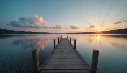 Naklejka premium Wooden pier extending into calm lake at sunset