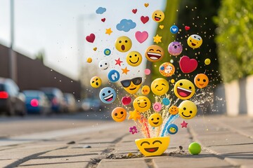 A vibrant, dynamic explosion of emojis bursting out in a colorful display, with various faces, objects, and symbols flying in all directions, creating an energetic, playful effect.