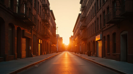 Fototapeta premium quiet street at sunset, showcasing warm light reflecting on buildings