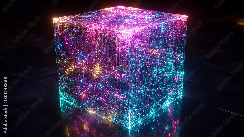 Poster glowing cube network data visualization, dark floor, digital background