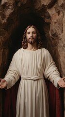 Naklejka premium Easter Holiday, Easter Concept, Serene Statue of Jesus Christ in Cave Setting Religious Art Spiritual Image