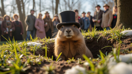 Groundhog wearing top hat emerges from its burrow, surrounded by crowd in park. scene captures whimsical moment in nature