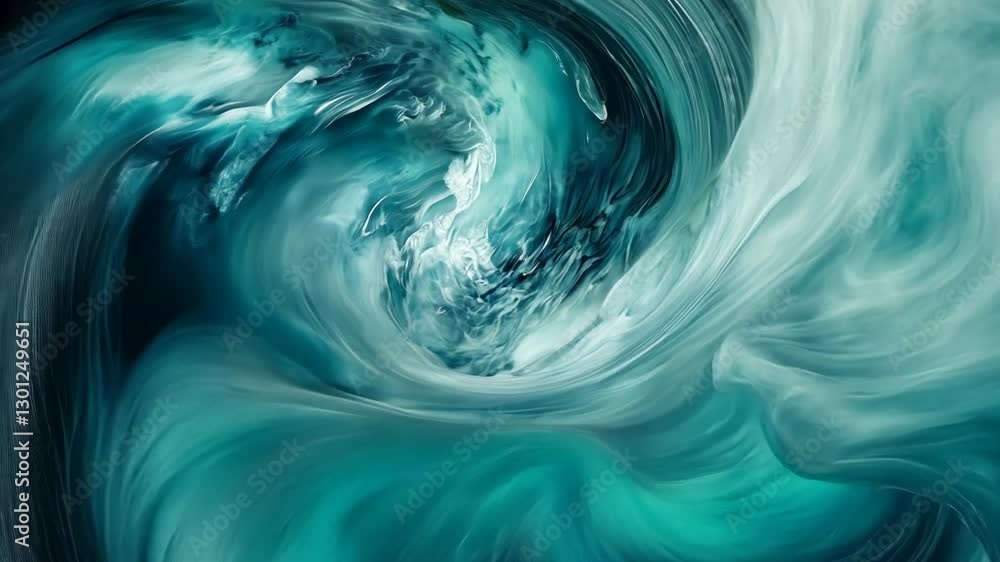 Poster abstract fluid art with swirling teal and white hues creating a dynamic vortex effect