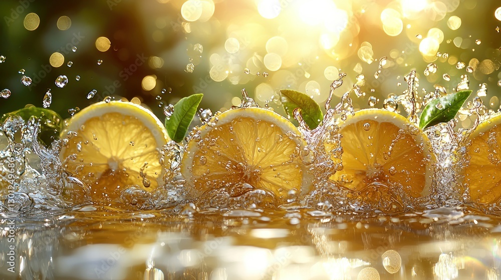 Poster lemon slices splashing in water with bright sunlight and bokeh