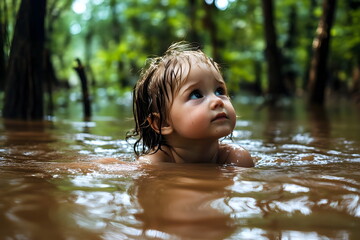 Fototapeta premium child girl in a water in a forest
