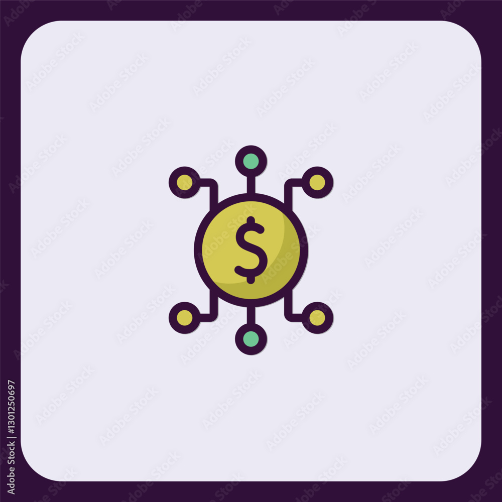 Poster decentralized finance icon concept with nodes connecting to currency