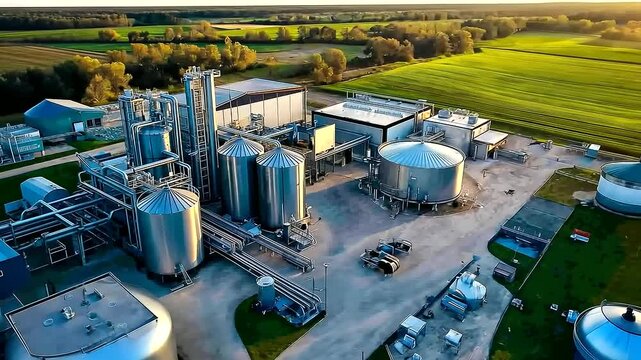 Aerial view of a state-of-the-art dairy processing plant, highlighting towering milk storage tanks, conveyor systems, and quality control zones.
