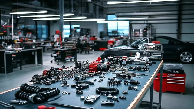 An industrial workbench covered with complex transmission gears