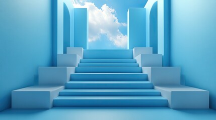 An abstract 3D surreal scene presents an empty stage with white square podiums on a holographic pastel blue background.