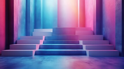 An abstract 3D surreal scene presents an empty stage with white square podiums on a holographic pastel blue background.